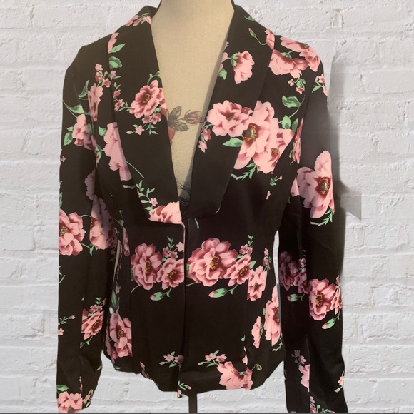BLACK FLORAL PRINT SHAWL COLLAR BLAZER JACKET - Picture 6 of 13